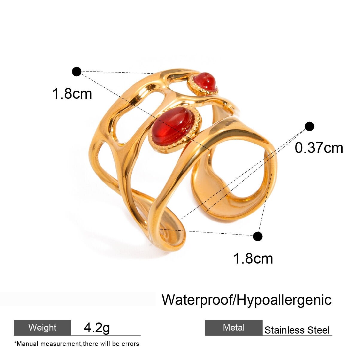 1 Stück Retro Geometrischer Edelstahl Wasserdichter Vergoldeter Künstlicher Edelstein Damenring Verstellbar Bild2