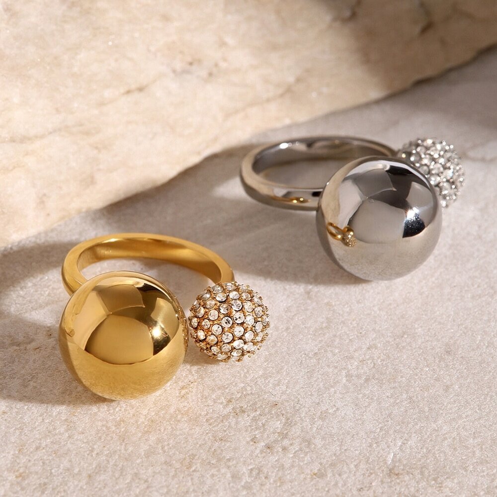 1 Paar Stil 18 Karat Gold Edelstahl Asymmetrische Stahlperlen Eingelegter Diamant Offener Ring Vielseitiger Modeschmuck Verstellbarer Ring Für Damen