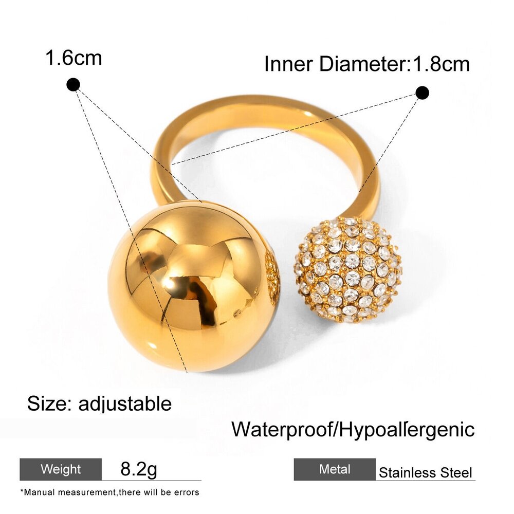 1 Paar Stil 18 Karat Gold Edelstahl Asymmetrische Stahlperlen Eingelegter Diamant Offener Ring Vielseitiger Modeschmuck Verstellbarer Ring Für Damen Bild2
