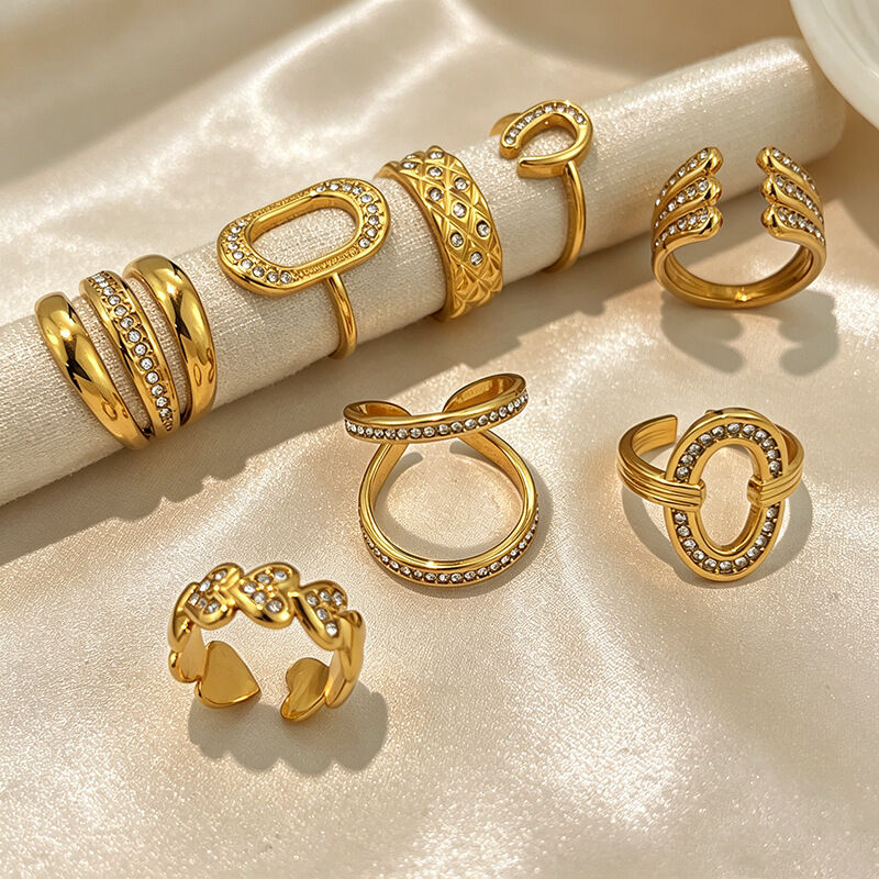 Unregelmäßig Geformte, Wasserdichte Statement-Ringe Aus Edelstahl In Goldfarbe Mit Strasssteinen