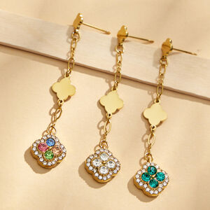 Romantic Series Sweet Flower Stainless Steel Waterproof Gold Color Zircon Women's Dangle Earrings h5 Picture2