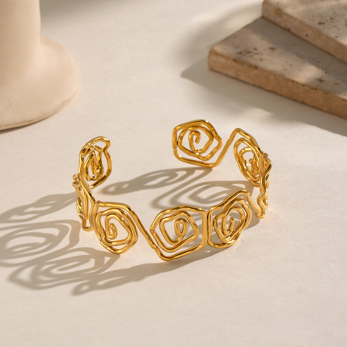 Rose Shape Stainless Steel Waterproof Gold Color Women's Cuff Bracelet & Ring 2