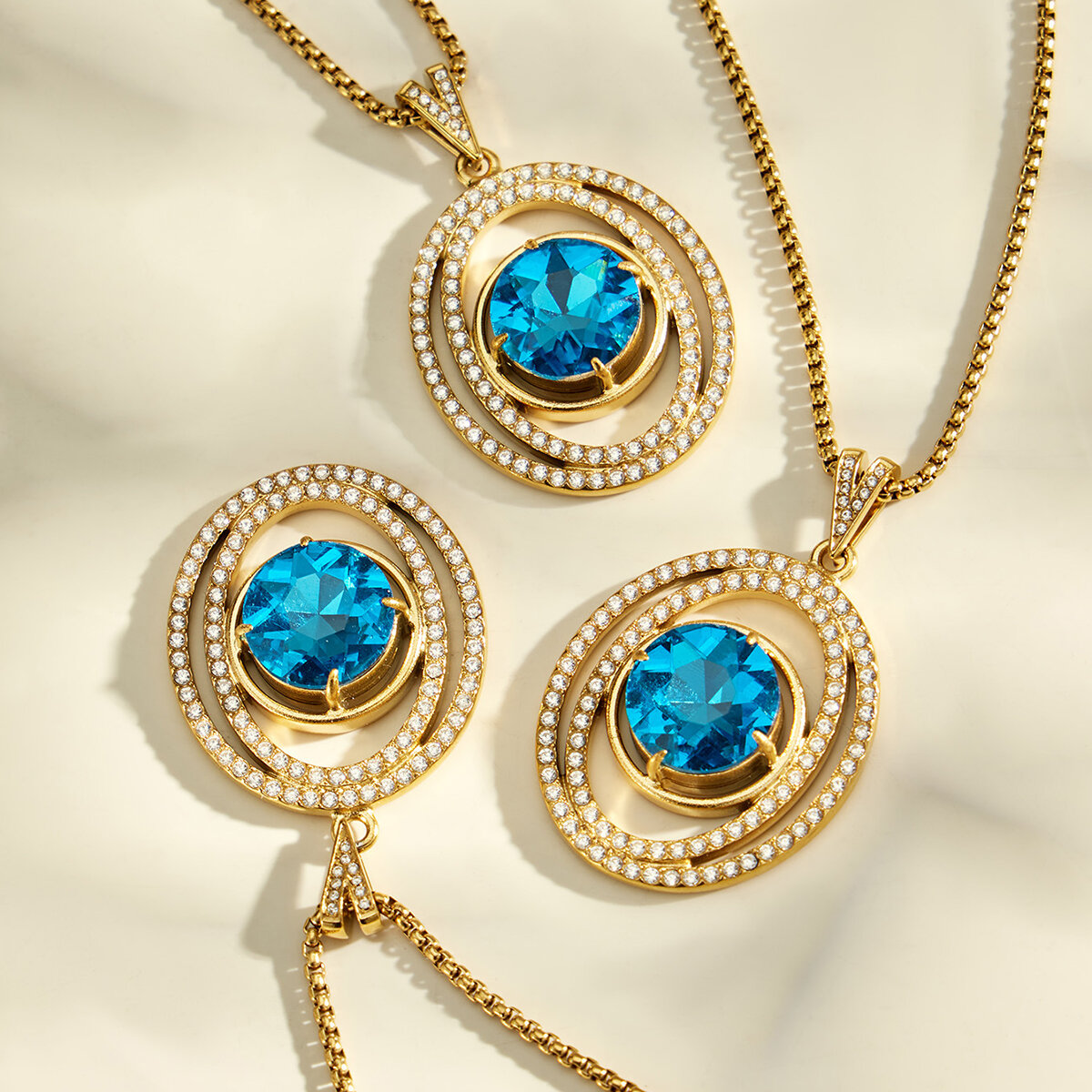 Luxurious Series Stainless Steel Waterproof Gold Color Zircon Blue Glass Women's Pendant Necklaces h5 Picture3