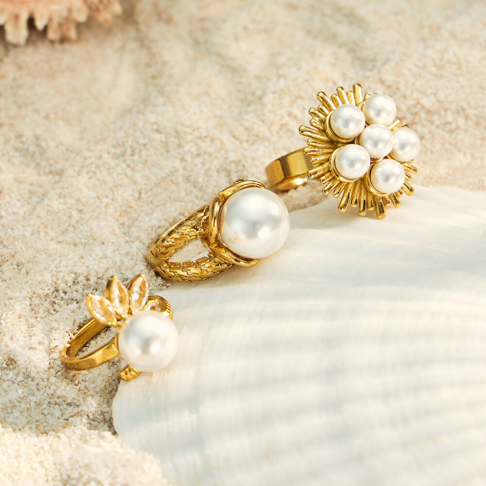 Elegant Artificial Pearl Flower Stainless Steel Waterproof Gold Color Statement Rings h5Picture4
