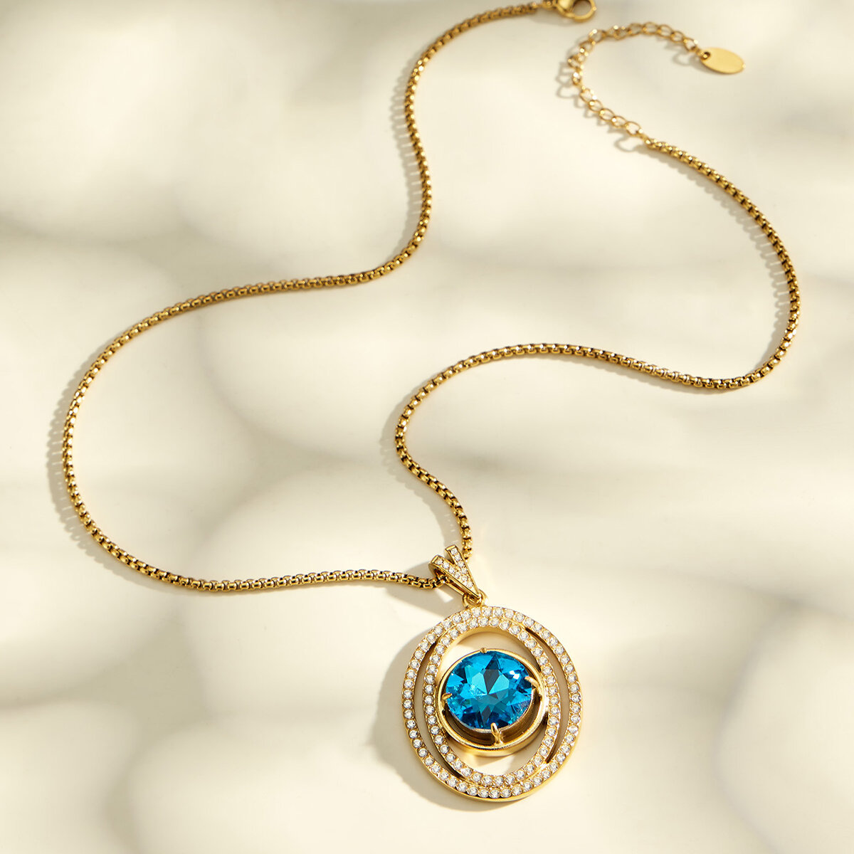 Luxurious Series Stainless Steel Waterproof Gold Color Zircon Blue Glass Women's Pendant Necklaces h5 Picture2