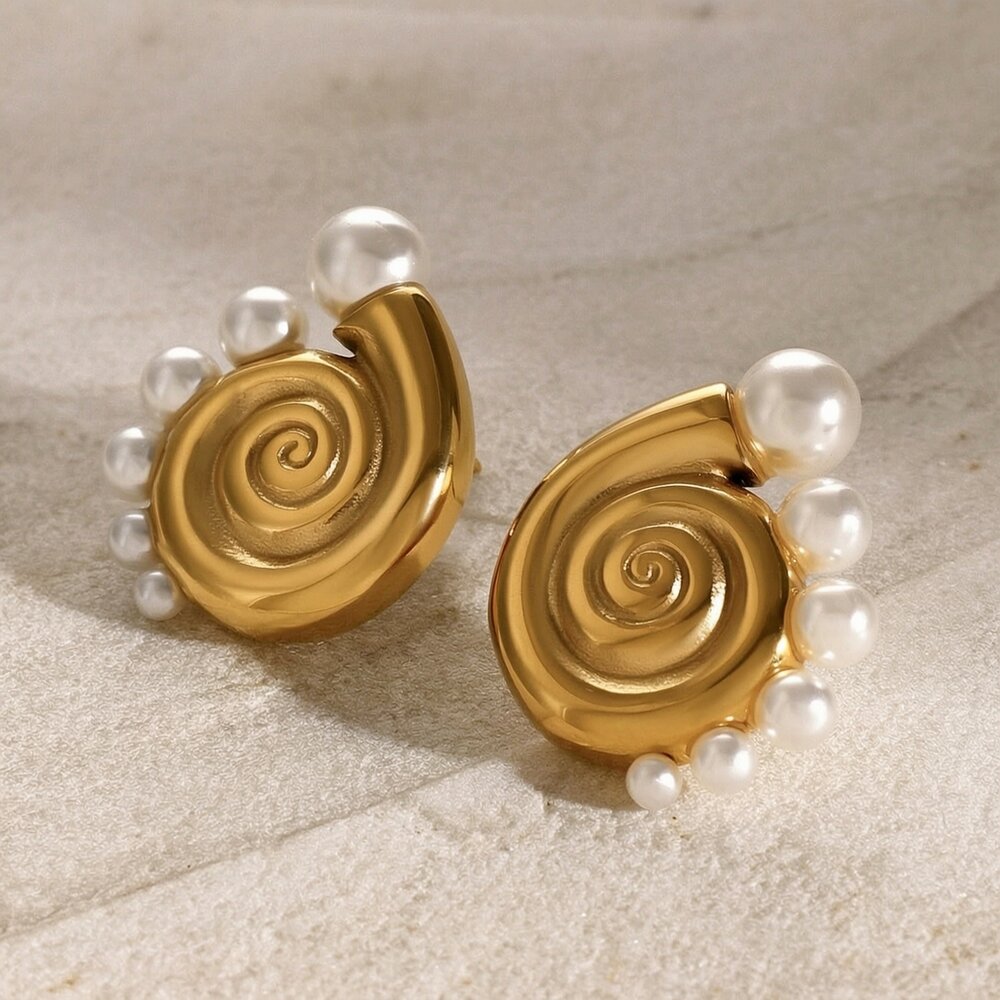 Persönlichkeit Stil 18 Karat Gold Edelstahl Conch Halbkreis Perle Ohrringe Mit Linken Und Rechten Seiten Schmuck Bild2