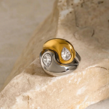 1 piece retro luxurious style chunky droplet shape titanium steel  gold inlay zircons women's single ring