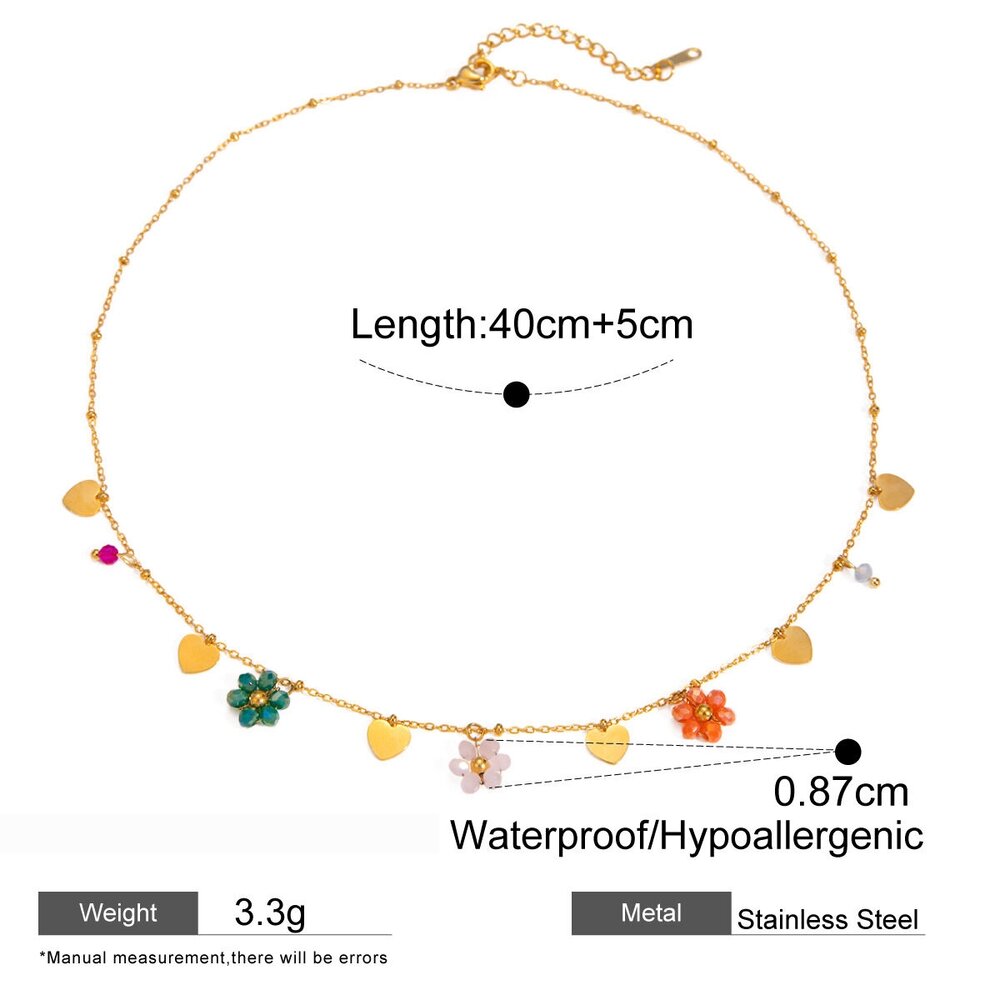 Cross-Border Style Gold Stainless Steel Colored Glass Beads Flower Shape Plus Love Pendant Round Bead Chain Jewelry