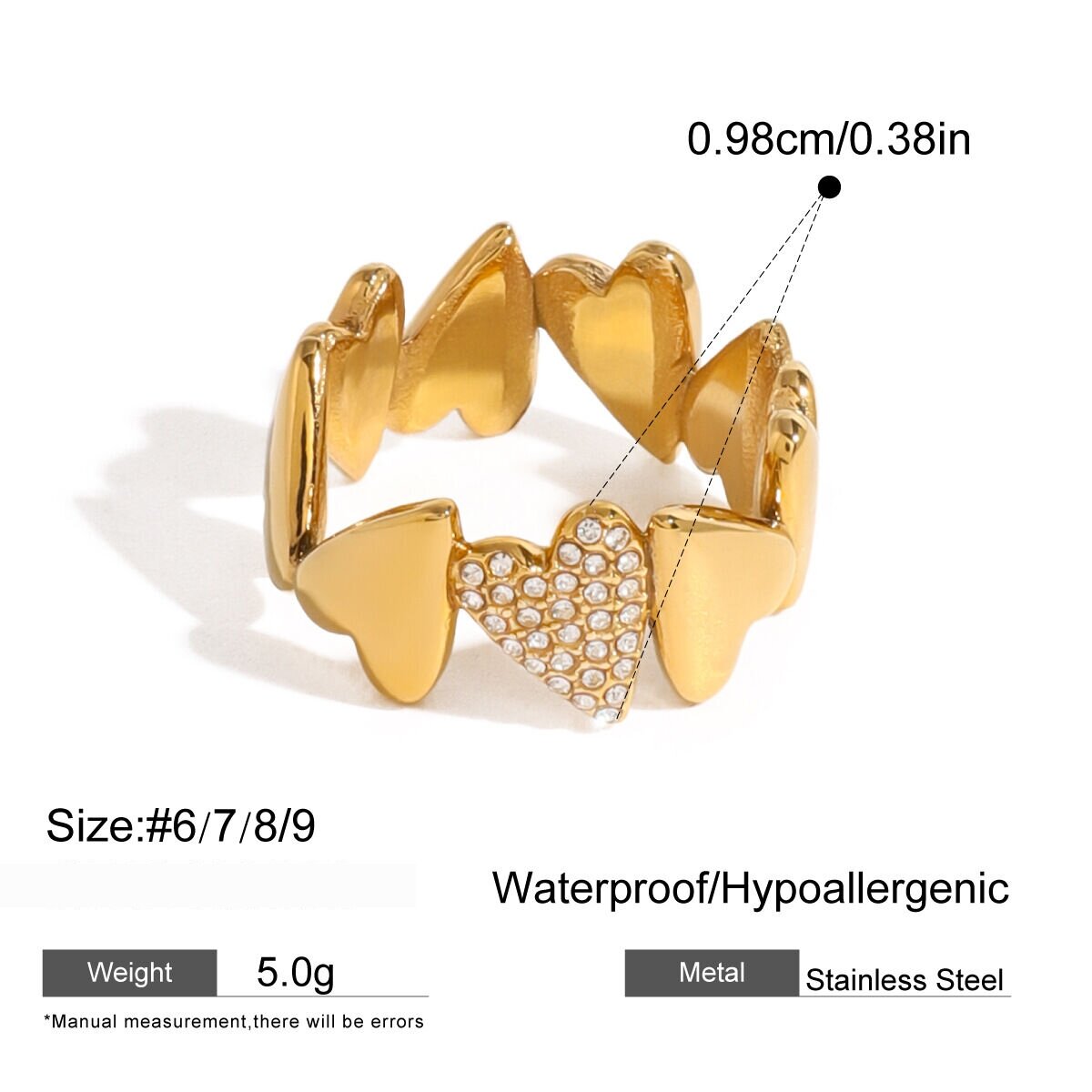 1 Piece Casual Heart Stainless Steel Waterproof Gold Color Zircon Women's Single Rings Picture2