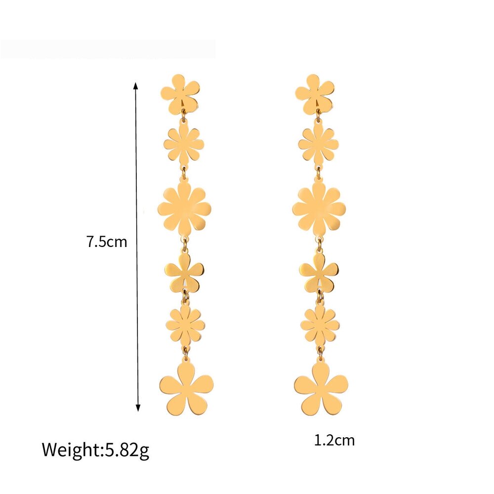 Gold Stainless Steel Small Daisy Long Asymmetrical Earrings Light Luxury Daisy Tassel Dangle Earrings