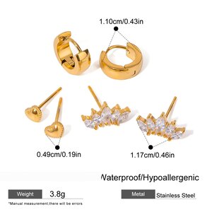 1 Set Sweet Heart Stainless Steel Waterproof Gold Plated Zircon Women's Earrings Set h5 Picture2