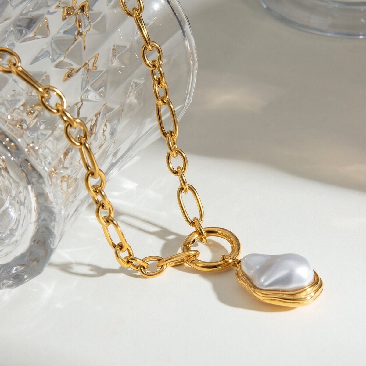 1 Piece Classic Series Elegant Geometric Stainless Steel  Gold Plated Artificial Pearl Women Pendant Necklaces h5 