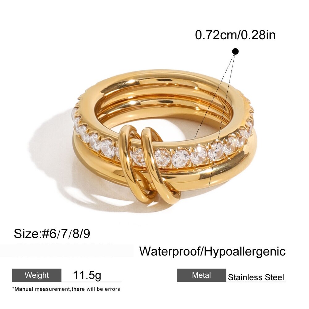 1 Piece Classic Stainless Steel Waterproof Gold Color Zircon Gemstone Ring