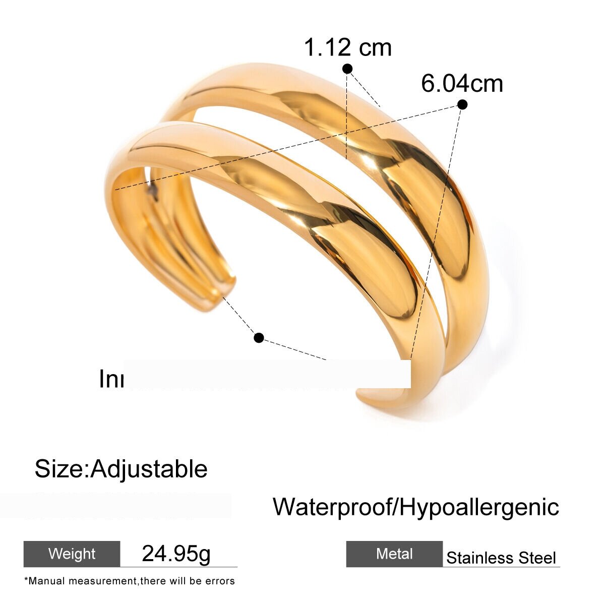 1 Piece Stainless Steel Waterproof Gold Color Cuff Bracelet 