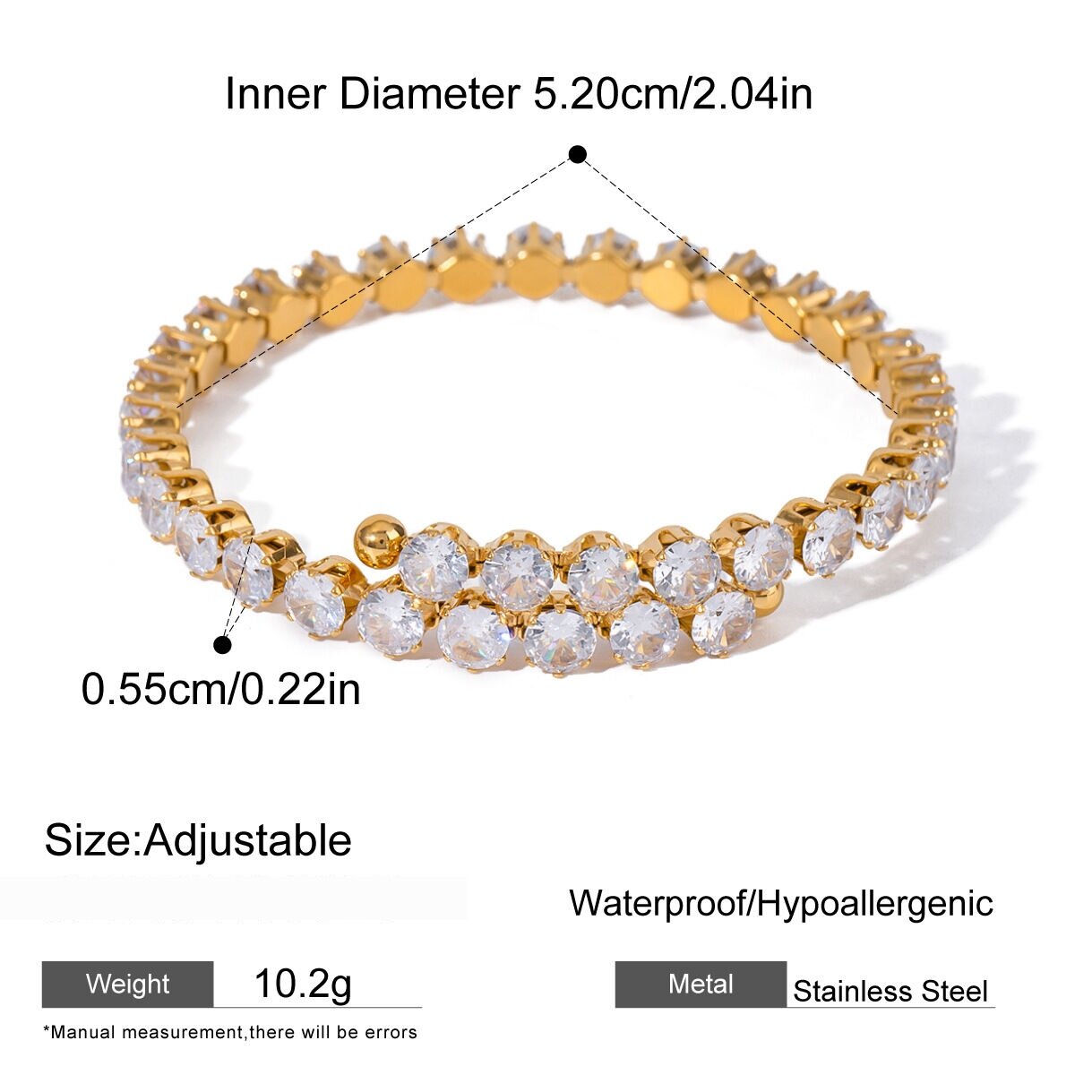 1 Piece Stainless Steel Waterproof Gold Color Zircon Cuff Bracelet h5 