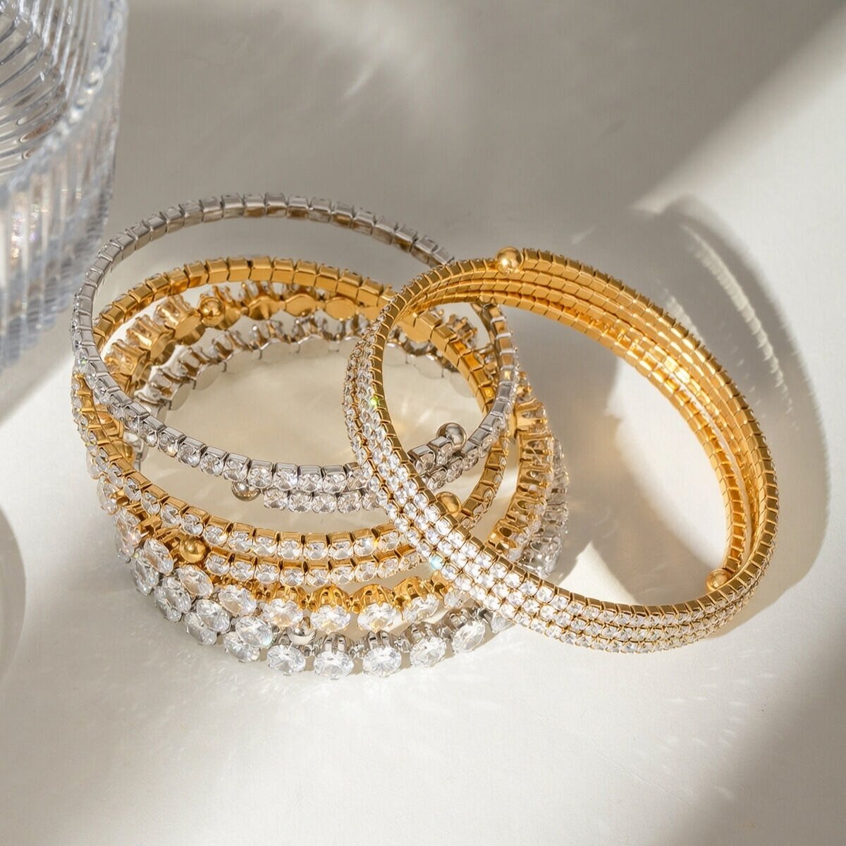1 Piece Stainless Steel Waterproof Gold Color Zircon Cuff Bracelet Picture2