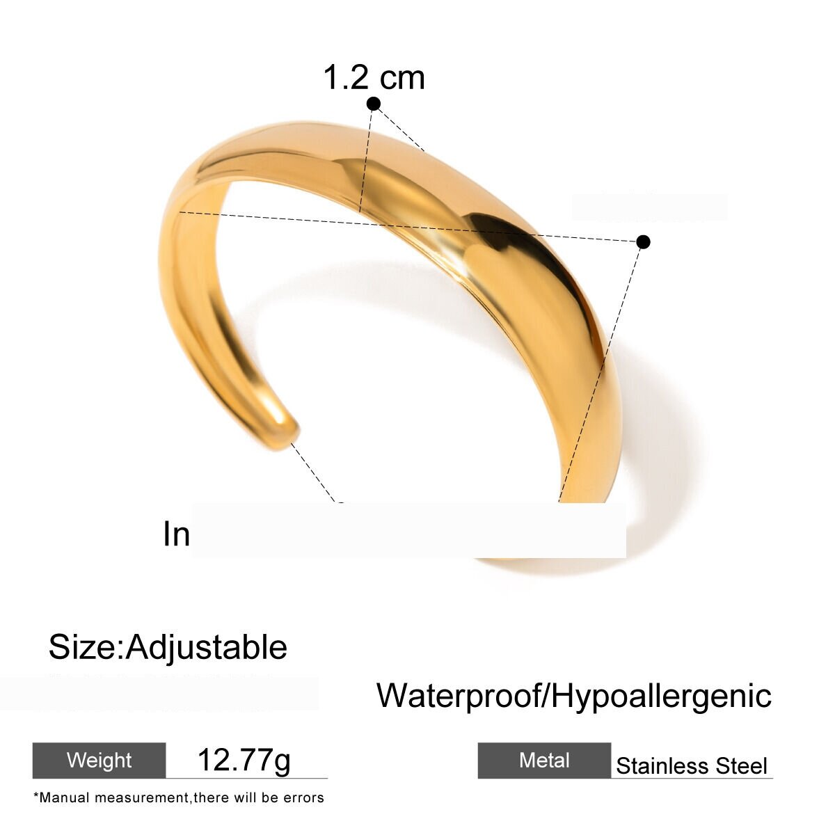1 Piece  Solid Color Stainless Steel Waterproof Gold Color Cuff Bracelet h5 