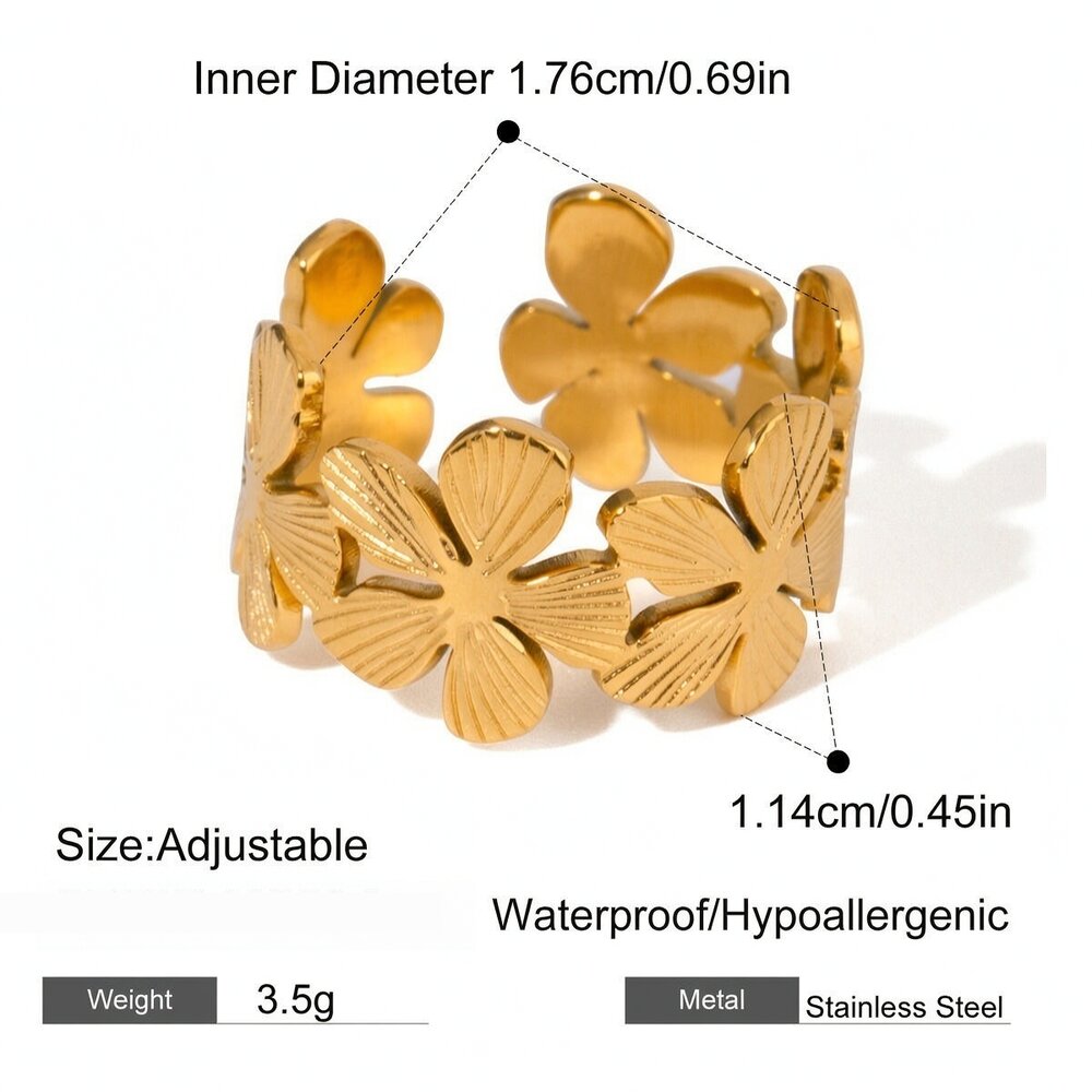 1 Piece Sweet Flower Stainless Steel Waterproof Gold Color Statement Ring Picture2