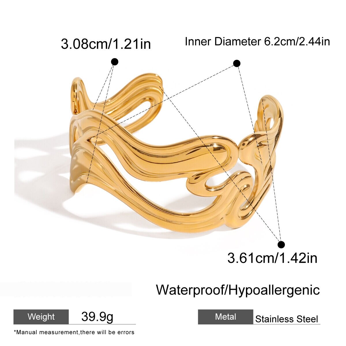 1 Piece Solid Color Stainless Steel Waterproof  Gold Color Cuff Bracelet h5 Picture2