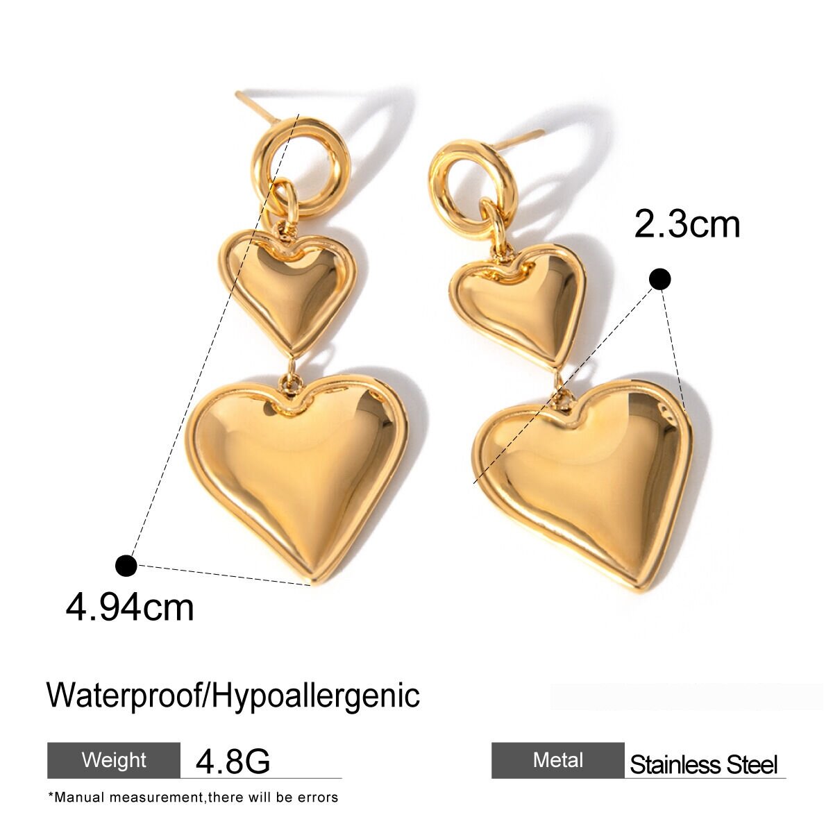 1 Pair Sweet Heart Stainless Steel Waterproof Gold Color Dangle Earrings 