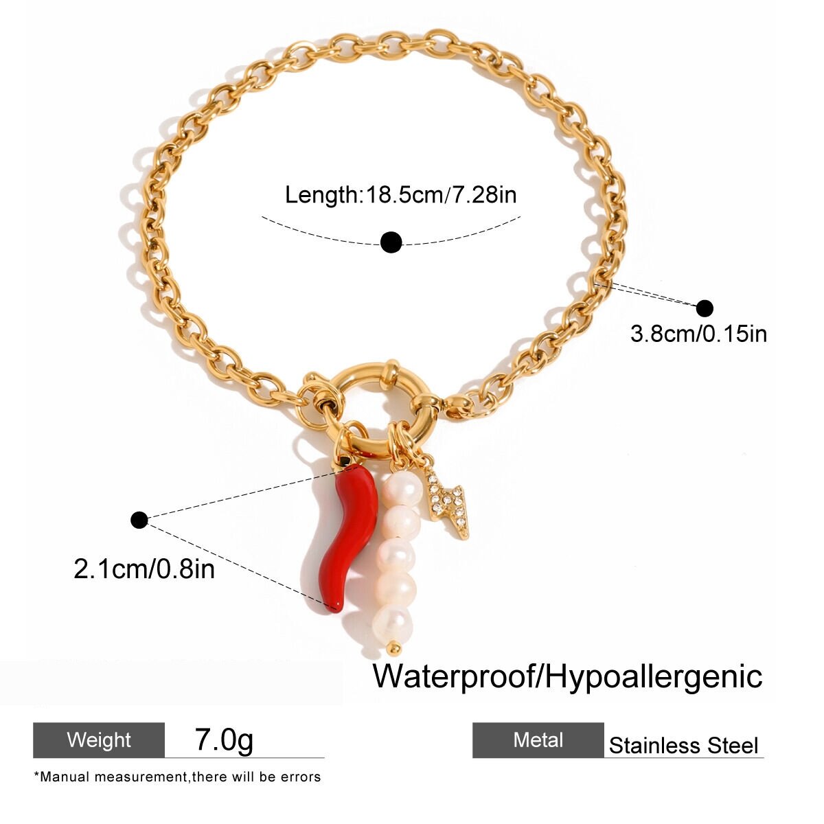 1 Piece Simple Casual Style Chili Pepper Shape Stainless Steel  Gold Plated Inlay Artificial Pearl Women's Charm Bracelet Picture2