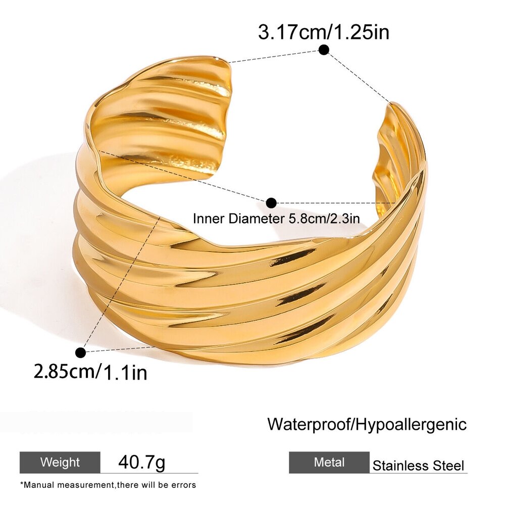 1 Piece Retro Thread Pattern Stainless Steel Waterproof Gold Color Cuff Bracelet Picture2