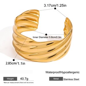 1 Piece Retro Thread Pattern Stainless Steel Waterproof Gold Color Cuff Bracelet h5 Picture2