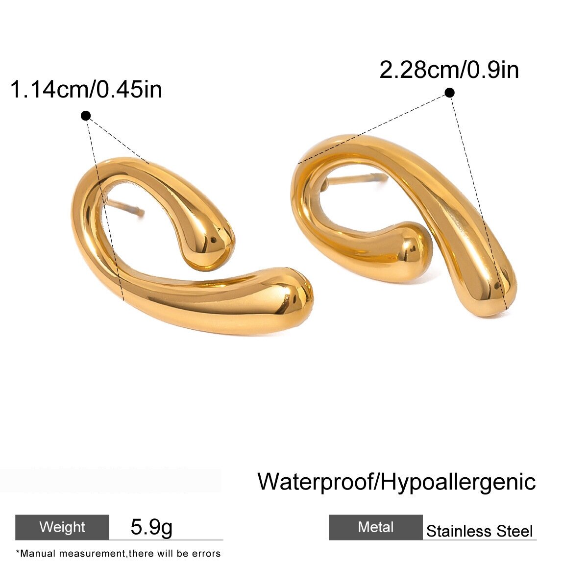 1 Pair Stainless Steel Waterproof Gold Color Stud Earrings 