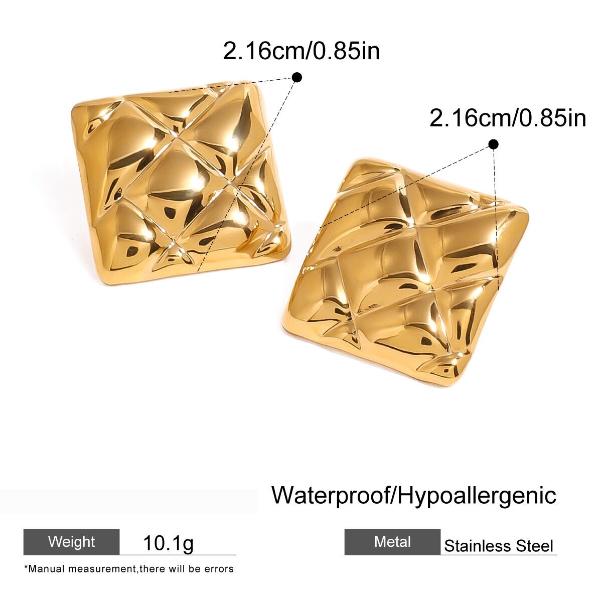 1 Pair Retro Plaid Square Shape Stainless Steel Waterproof  Gold Color Stud Earrings h5 Picture2