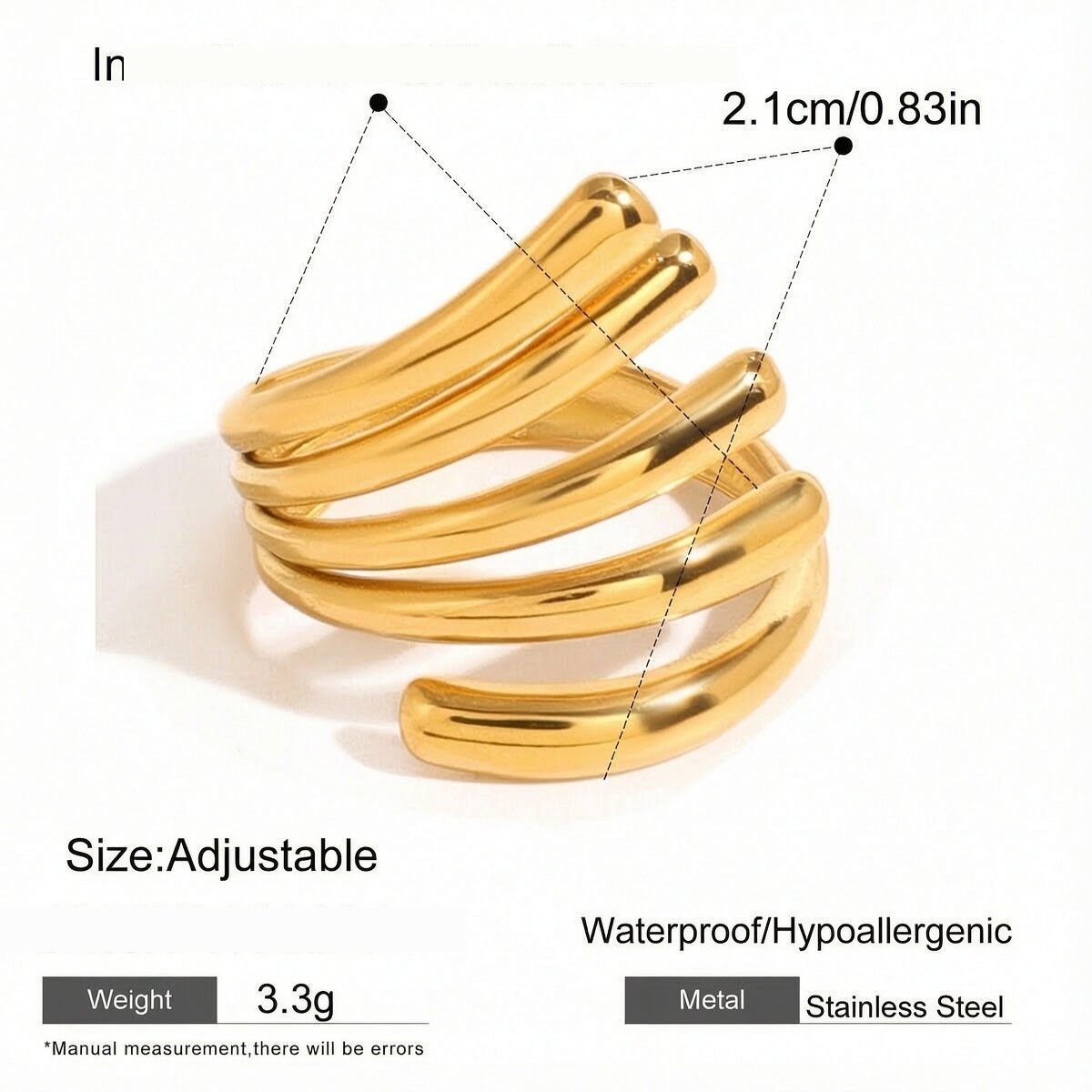 1 Piece Irregular Line Shape Stainless Steel Waterproof Gold Color Minimalist Ring Picture2