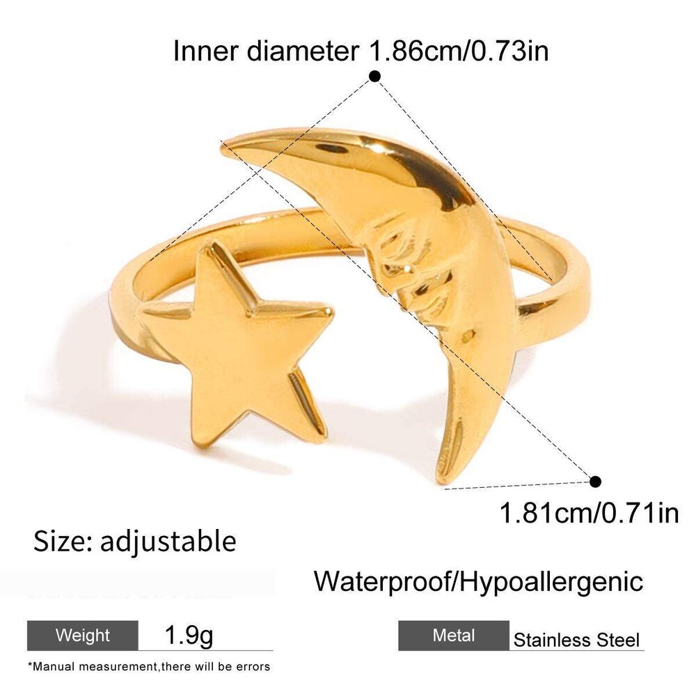 1 Piece Simple Casual Style Moon And Pentagram Shape Stainless Steel Gold Plated Women's Adjustable Ring h5Picture2