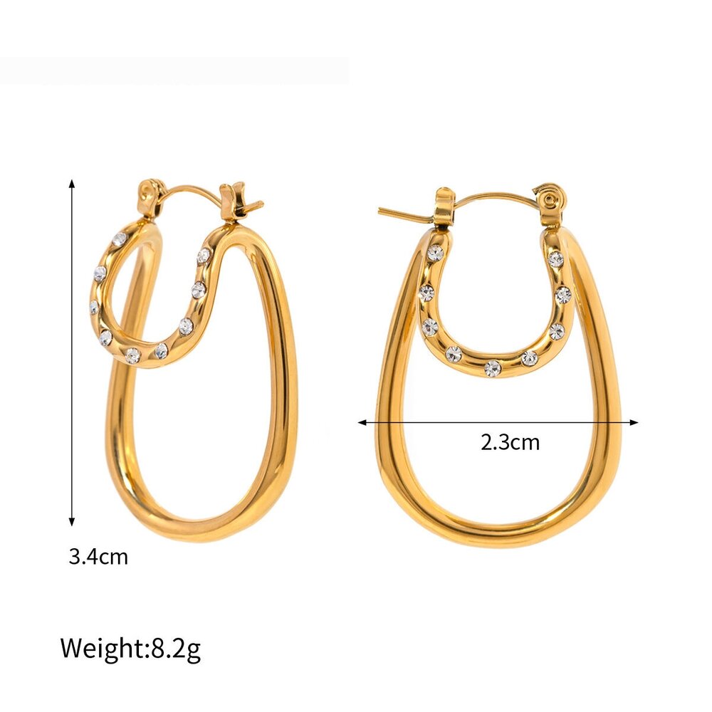 Grenzüberschreitende, Neue Ohrringe Im Gold-Edelstahl-Stil Mit Weißen Strasssteinen, Doppellagig, Bogenförmig, Leichter Luxus, Hochwertige Creolen Bild2