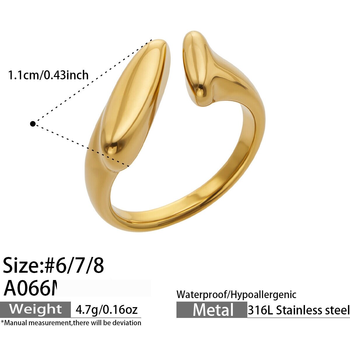 Simple Irregular Shape Stainless Steel Waterproof Gold Color Glass Statement Rings h5 