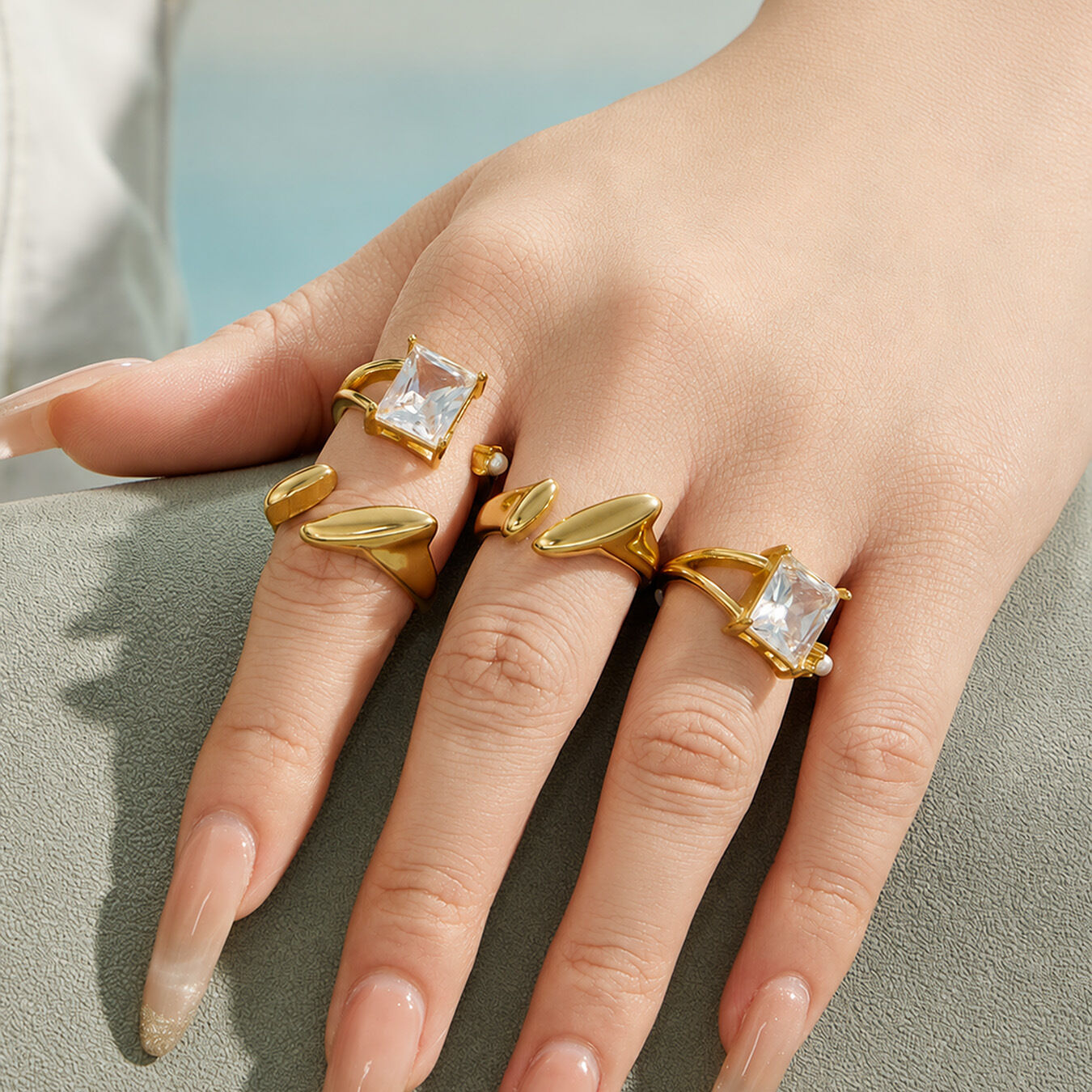 Simple Irregular Shape Stainless Steel Waterproof Gold Color Glass Statement Rings h5 Picture4