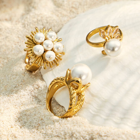Elegant Artificial Pearl Flower Stainless Steel Waterproof Gold Color Statement Rings
