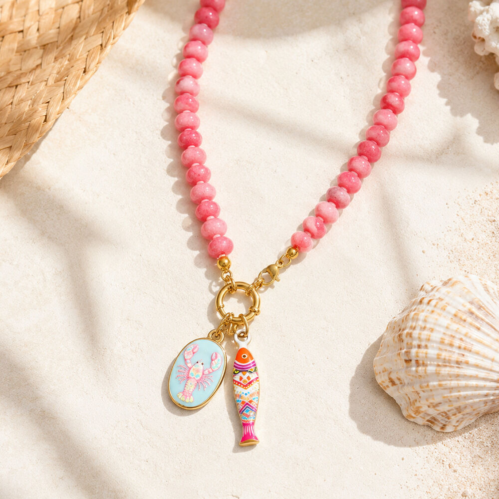 Collana Da Donna Con Perline, Tema Vacanze Romantiche, Pesci E Stelle Marine In Vetro Color Oro. 2