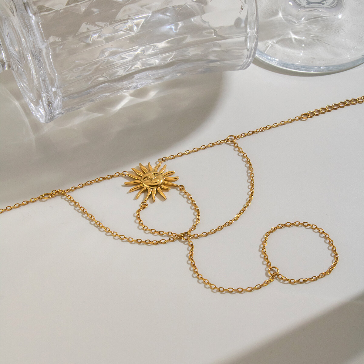 Sun Shape Stainless Steel Waterproof Gold Color Women's Hand Chain h5 Picture4