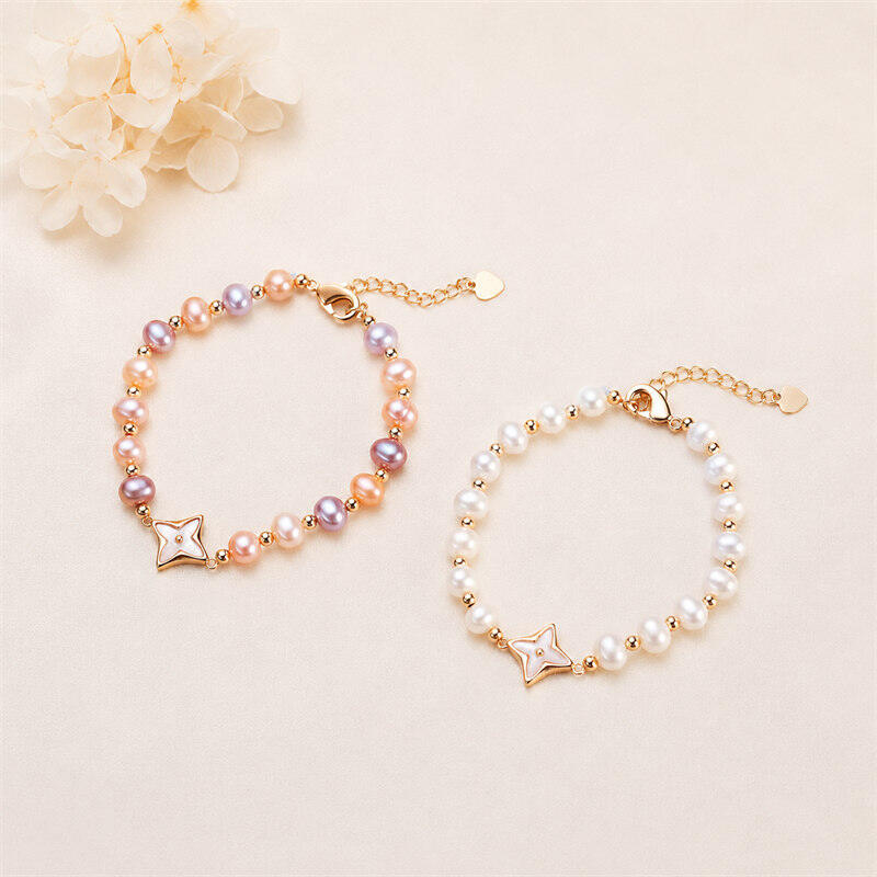 Bracelet de perles pour femme, collection Simple Series Elegant Beads, motif trèfle, perles d'eau douce couleur or.