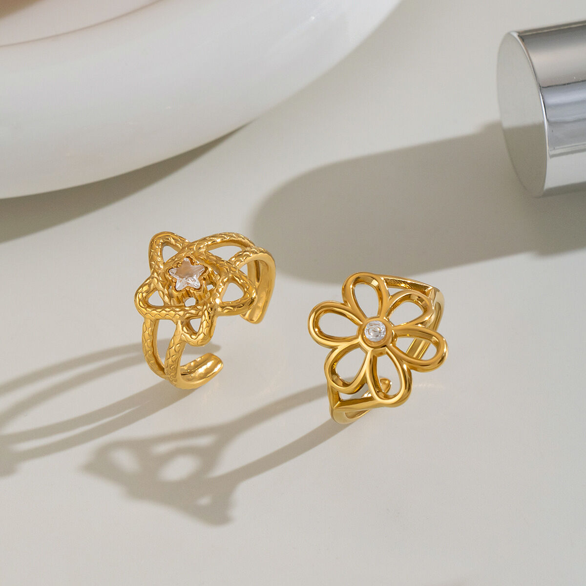 Flower Shape Stainless Steel Waterproof Gold Color Statement Rings