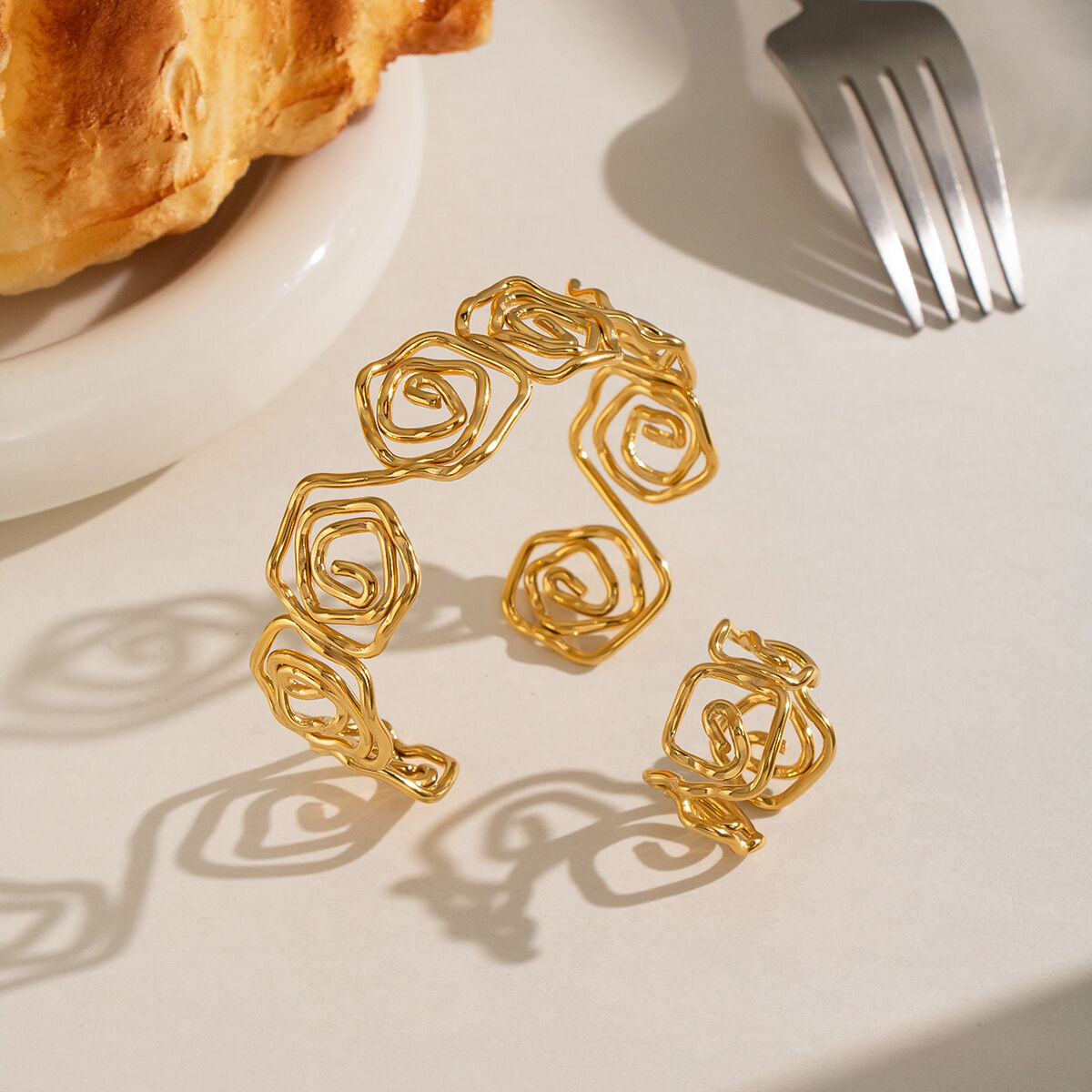 Rose Shape Stainless Steel Waterproof Gold Color Women's Cuff Bracelet & Ring