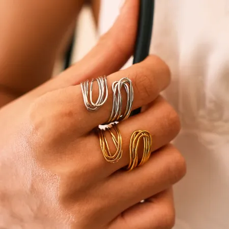 Simple Series Daily Irregular Shape Hollowed-Out Stainless Steel Waterproof   Gold Color  Women‘s Statement Rings