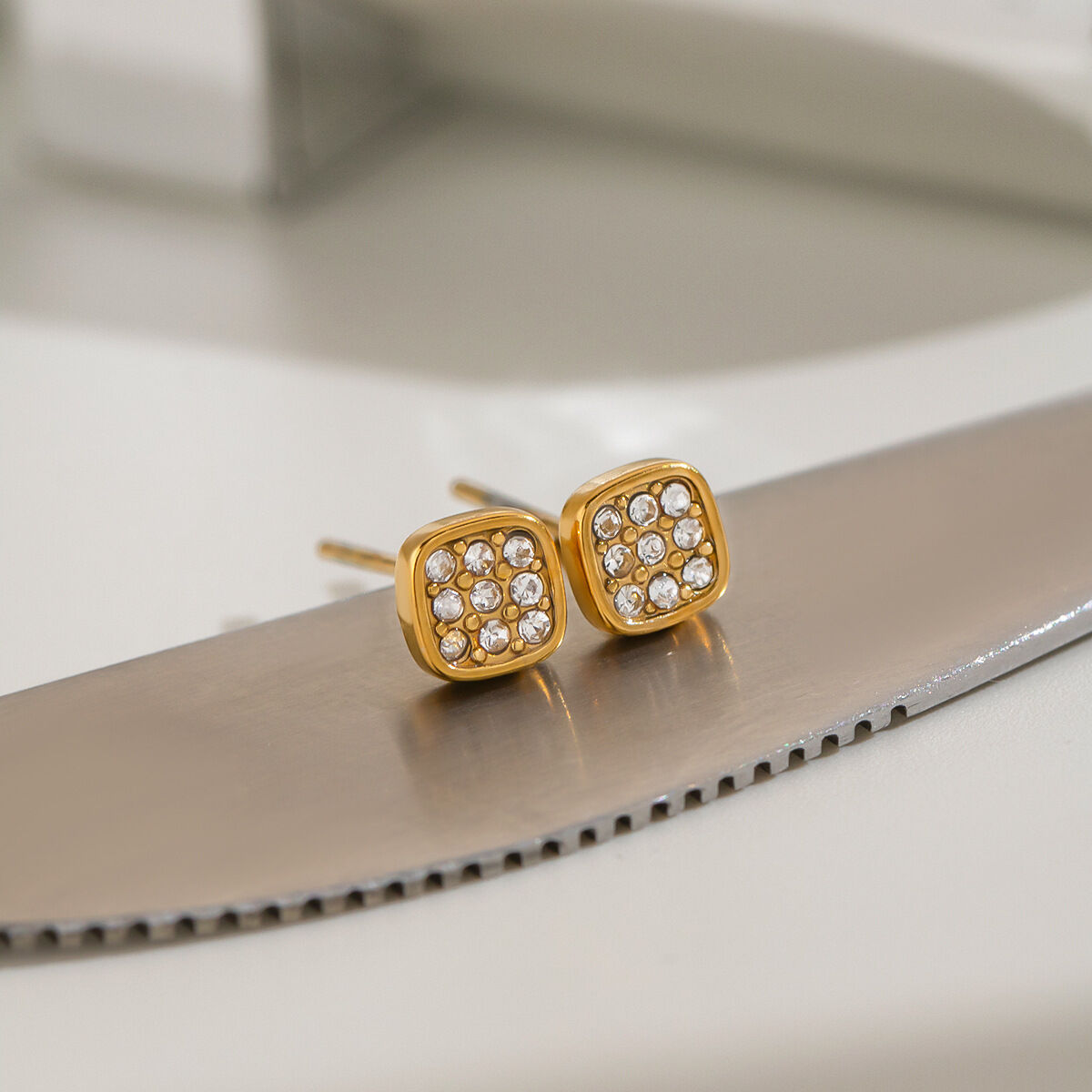 Geometric Shape Stainless Steel Waterproof Gold Color Zircon Women's Stud Earrings