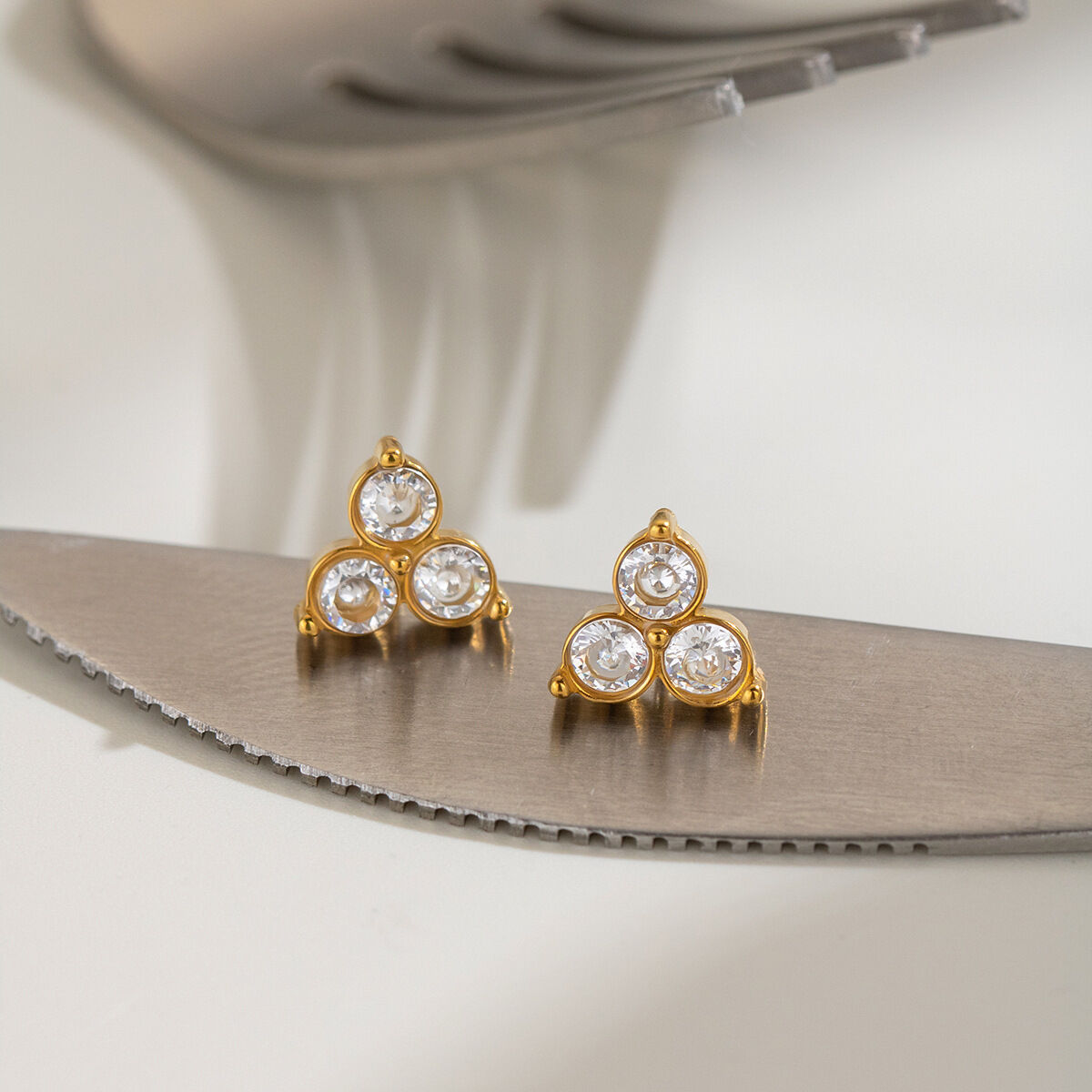 Flower Shape Stainless Steel Waterproof  Gold Color Rhinestone Women's Stud Earrings