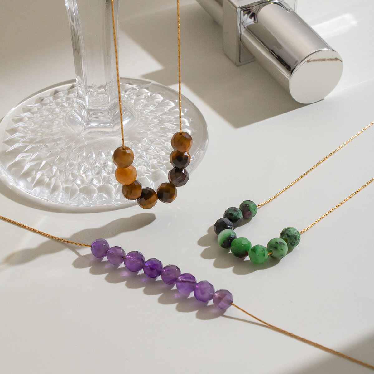 Natural Stone Beads Stainless Steel Waterproof Gold Color Women's Beaded Necklaces 2
