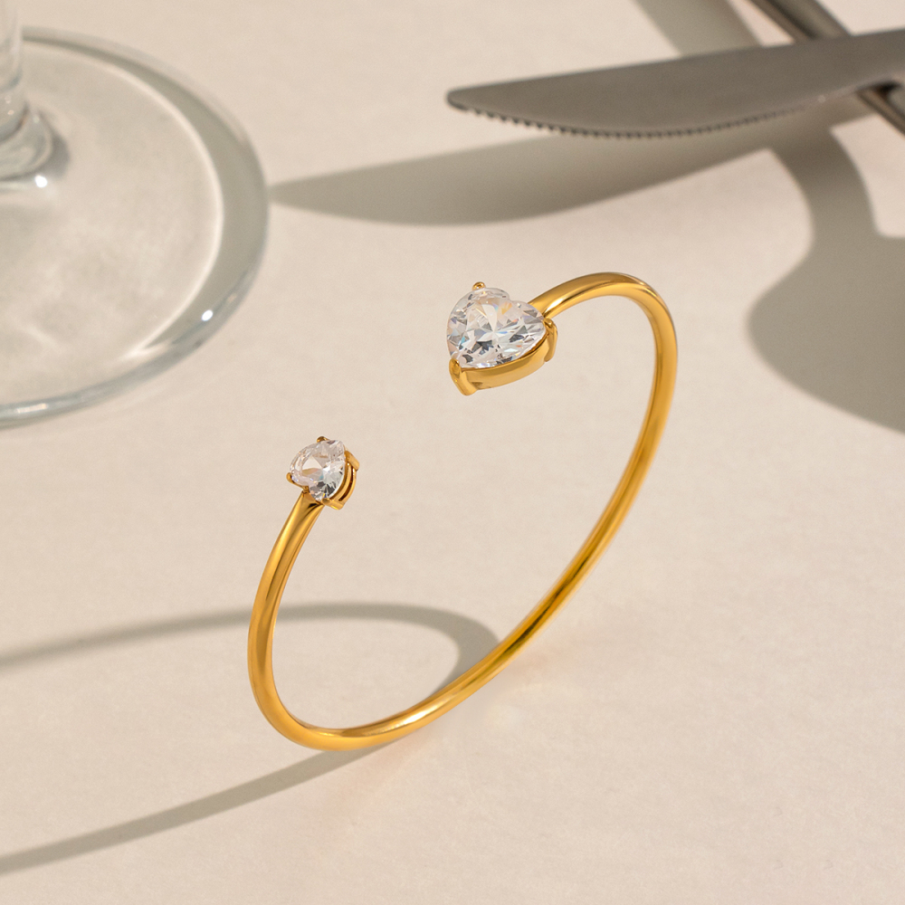 Heart Shape Zircon Stainless Steel Waterproof Gold Color Women's Cuff Bracelet Picture5