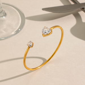 Heart Shape Zircon Stainless Steel Waterproof Gold Color Women's Cuff Bracelet h5 Picture5