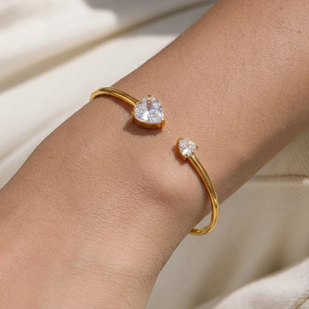 Heart Shape Zircon Stainless Steel Waterproof Gold Color Women's Cuff Bracelet 2