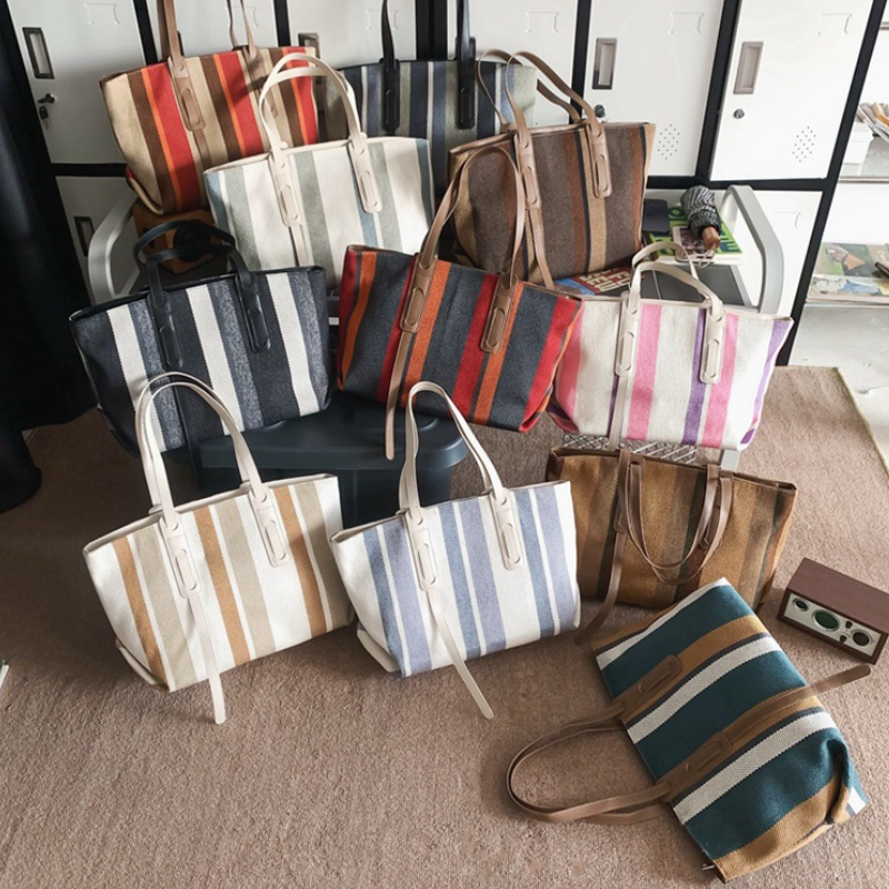 Borse Tote Da Donna In Tela, Stile Casual, Senza Righe, Colori Misti Immagine3