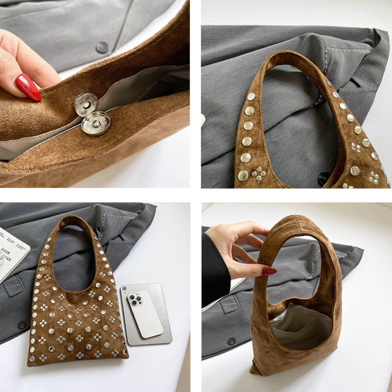 Borsa A Tracolla Quadrata Da Donna In Pelle Scamosciata Tinta Unita, Stile Old Money, Con Borchie In Metallo. Immagine6