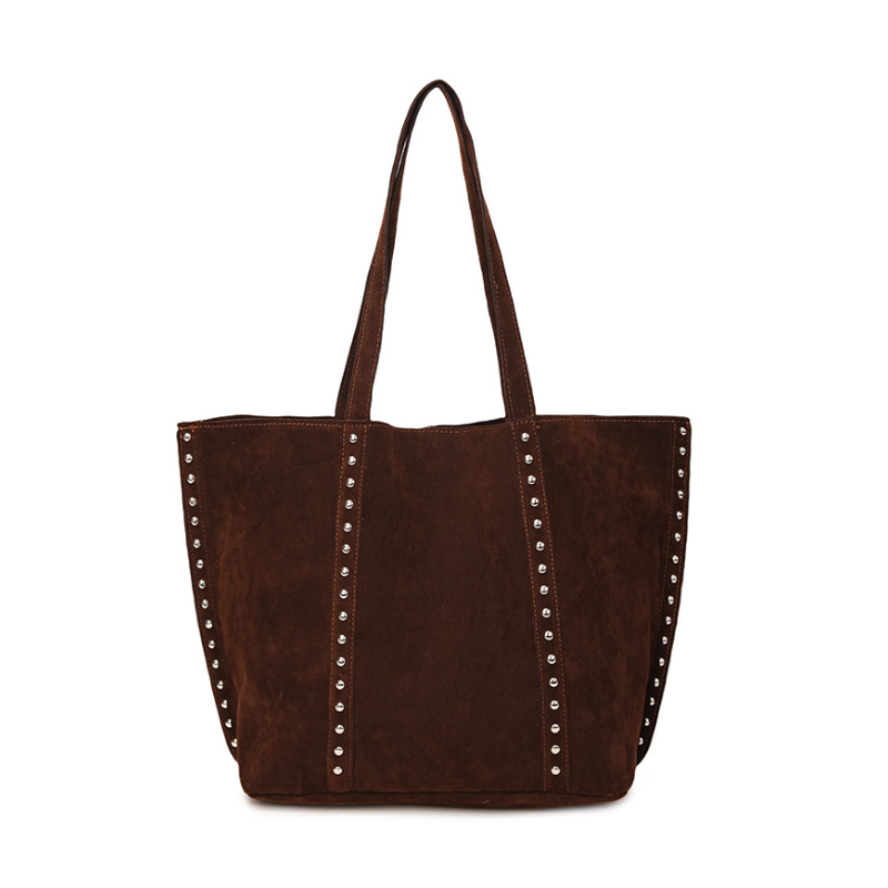 Borsa tote da donna in pelle scamosciata tinta unita con borchie e dettagli in metallo, stile casual.